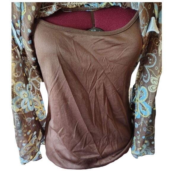 Jordache Two Piece Floral Sheer Blouse and Camisole Size XL15 Brown Blue - Picture 4 of 8